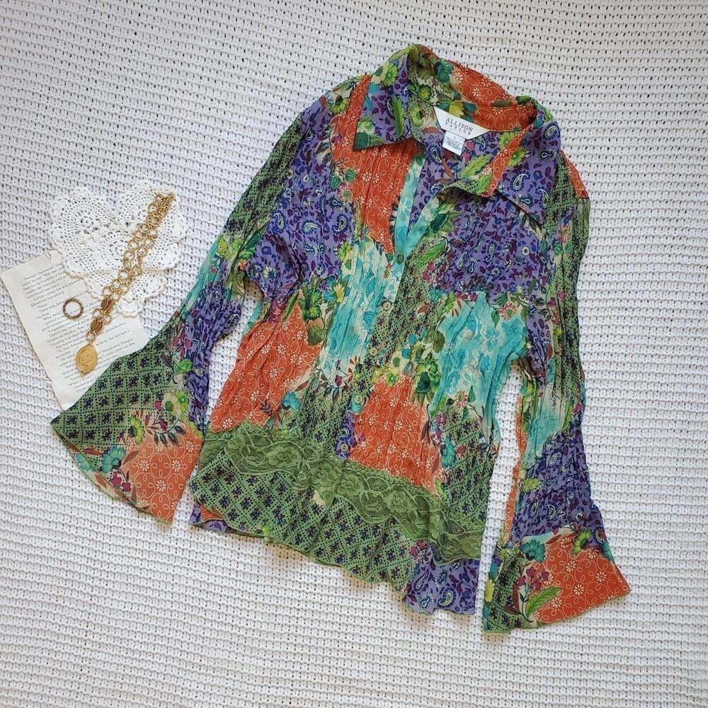 Y2k inspired fairy button up colorful floral patchwork style top